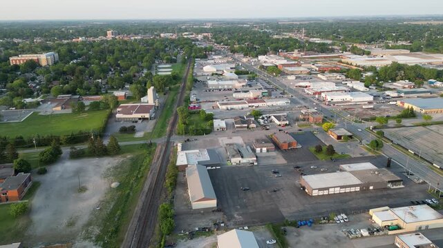 Aerial over Richmond Street Chatham. A rural suburban community, part of the Chatham-Kent municipality. Located in southwest Ontario, Canada. Shot on a sunny late afternoon in spring, May, 2023.