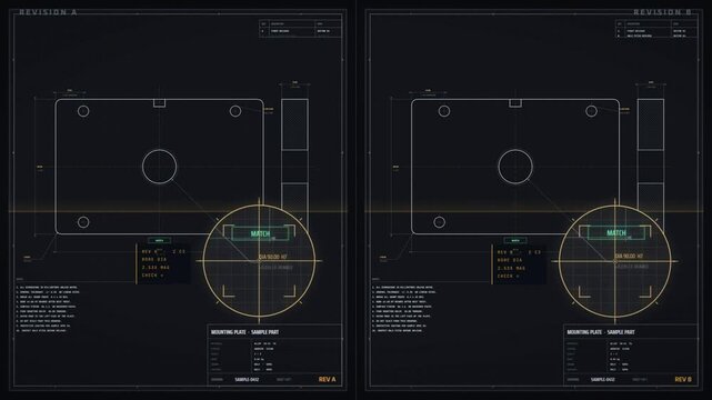 Engineering drawing revision comparison with magnifier lens checking hole pitch dimension change