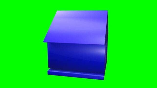 Seamless 3D house logo spinning isolated on green screen. A 3D motion graphic animation of a modern house logo continuously rotating in a seamless loop against a solid green screen backdrop.