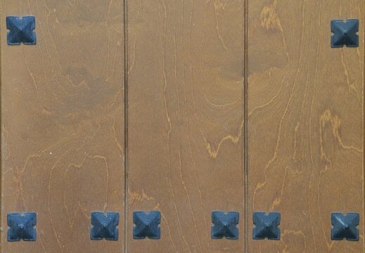 Old wooden door with decorative black metal studs