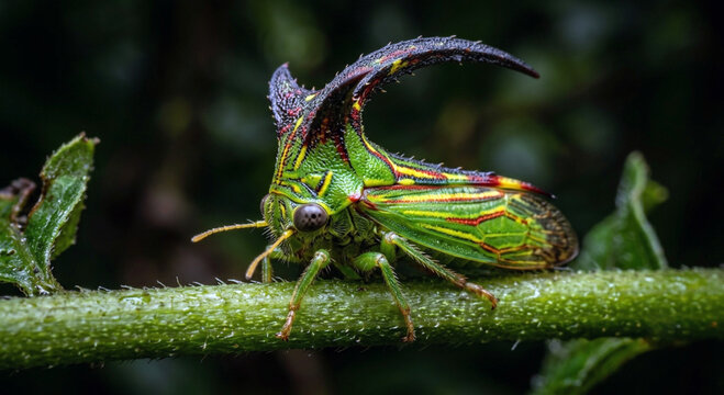 Bizarre Green Treehopper Insect on a Plant