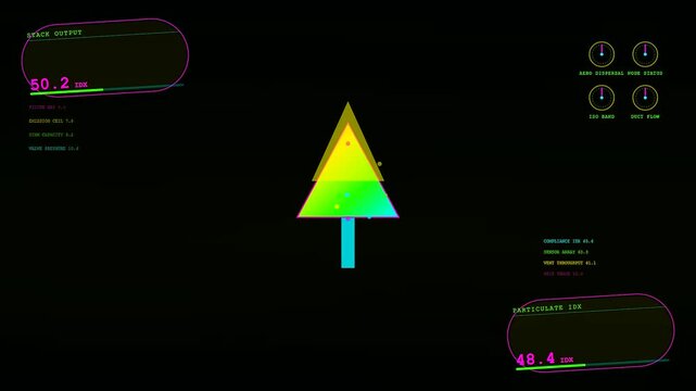 A digital emissions tracker graphic displays colorful tree icons and data metrics with neon interface elements floating inside a dark virtual environment for environmental monitoring analysis