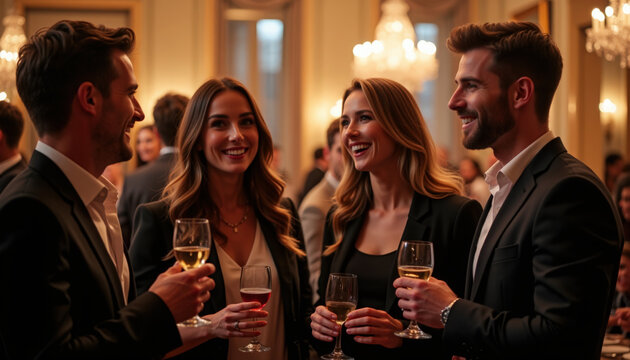 Group of friends enjoying conversation at formal event with drinks in hand. Friends socialize and connect during evening gathering with glasses of champagne and cocktails.