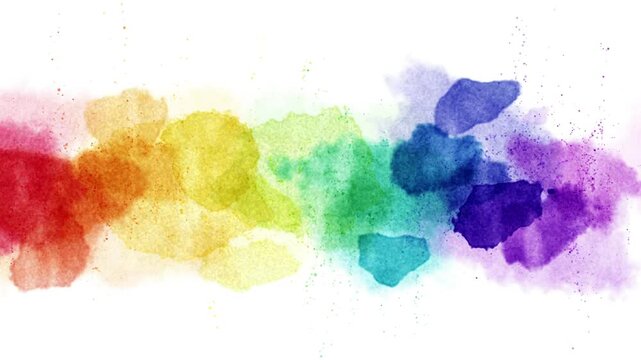 Watercolor ink blots spreading across white paper to build a rainbow color band animation