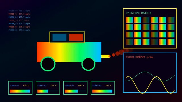 A digital emissions tracker display shows automotive exhaust sensor readings with moving graphs and grid matrix data points across three separate monitoring screens for system analysis