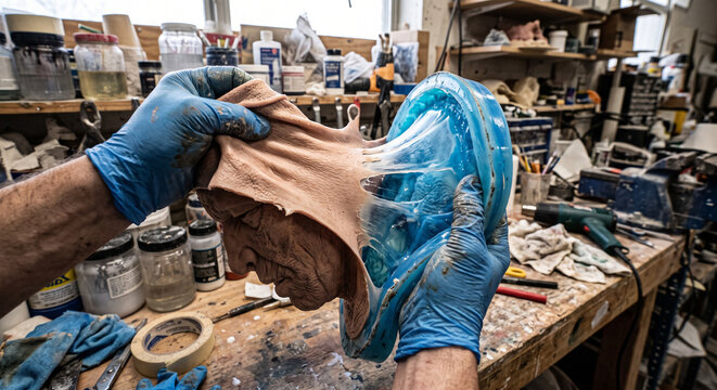 Artisan Demolding Flexible Silicone Rubber Casting in Workshop