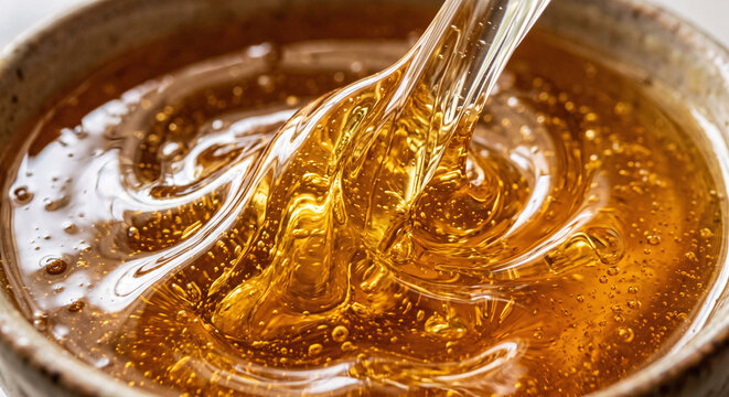 Extreme Macro of Viscous Golden Honey Stretching