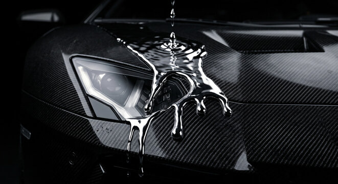 Viscous Liquid Chrome Flowing Over Carbon Fiber Supercar Hood