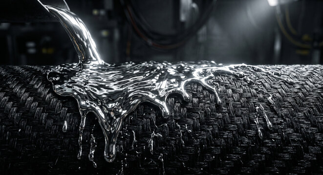 Molten Silver Liquid Metal Pouring Over Dark Textured Mesh