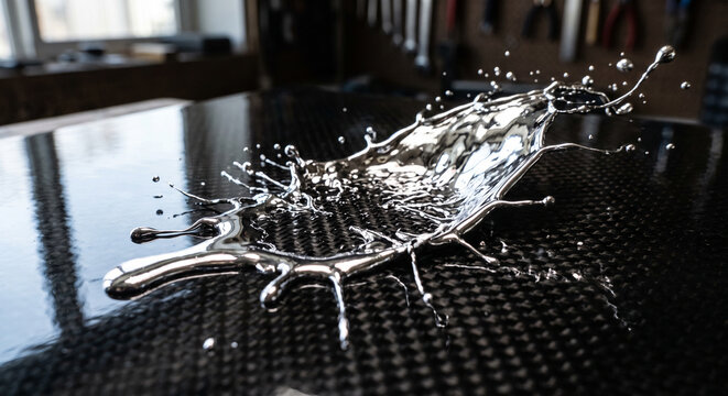 High-Speed Liquid Chrome Splash on Glossy Carbon Fiber Texture