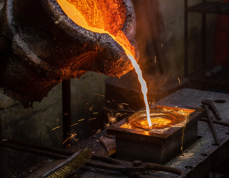 Molten Metal Pouring from Crucible in Industrial Foundry