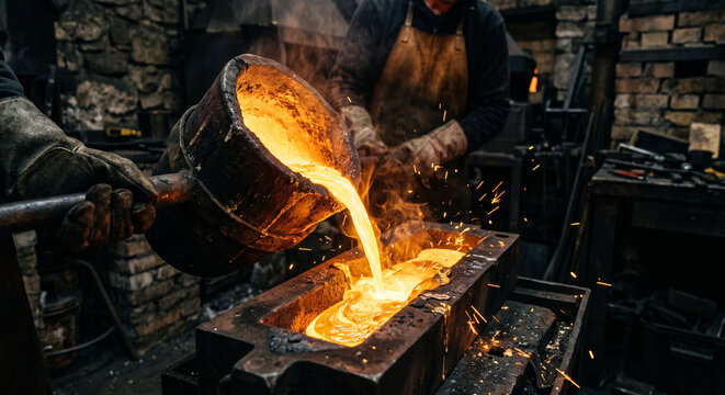Worker Pouring Molten Metal into Mold at Industrial Foundry