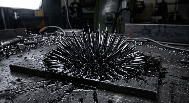 Macro Ferrofluid Magnetic Spikes on Industrial Metal Surface