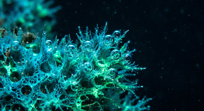 Macro Bioluminescent Marine Sponge with Glowing Cyan Water Bubbles
