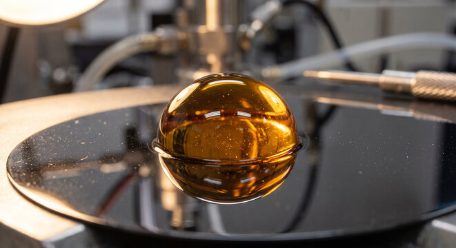 Macro Viscous Amber Oil Droplet on Reflective Laboratory Surface