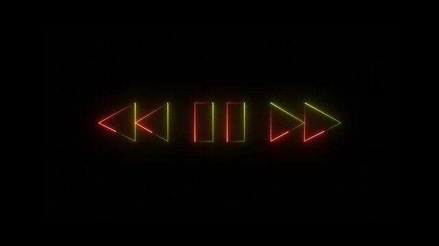 Neon glowing media player control buttons with rewind pause and fast forward symbols in purple and red light on a dark black background for digital audio video interface ..