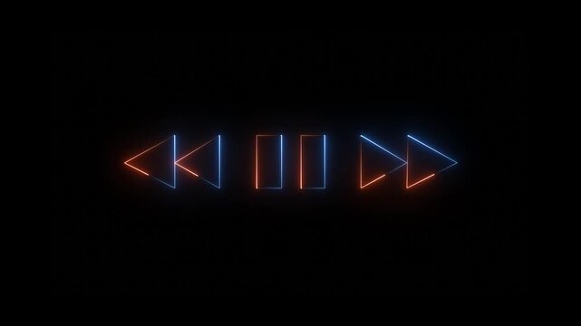 Neon glowing media player control buttons with rewind pause and fast forward symbols in purple and red light on a dark black background for digital audio video interface ..