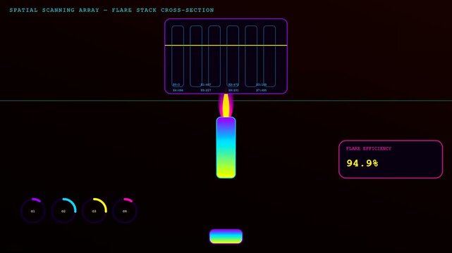 Industrial monitoring dashboard featuring an emissions tracker showing real time data metrics and changing efficiency percentages for gas flare stack venting in a dark computer interface