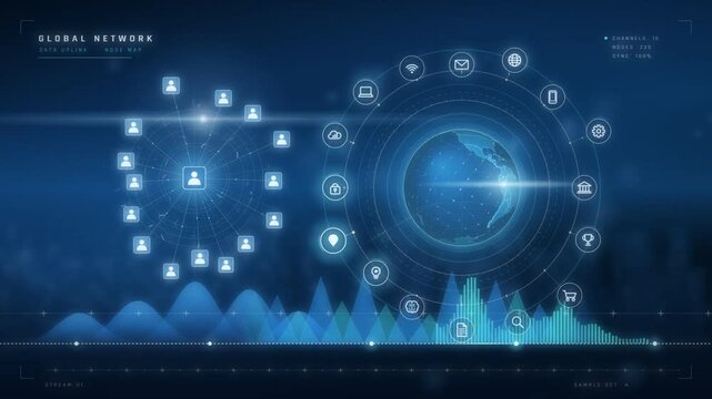 Global network HUD with rotating icon rings around glowing earth and user node map loop
