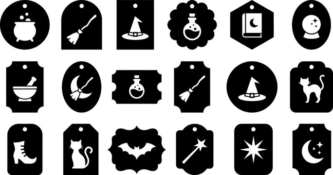 Set of black silhouette Halloween gift tags with witchcraft and magic icons