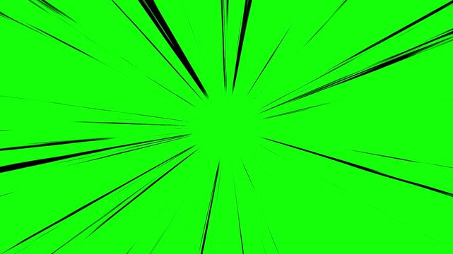 Dense black brush stroke lines with a flat matte ink finish radiate from a small center point across a solid green chroma key field for video compositing.