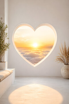 Minimalist heart shaped window with sunset view, romantic interior architecture with golden hour light, serene room with clouds and pampas grass