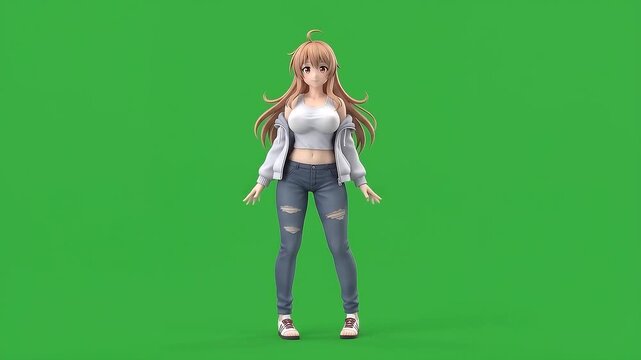 Cute Kawaii Anime Girl Shy Sleeve Pull Gesture 3D Character Loop - 4K Green Screen Chroma Key