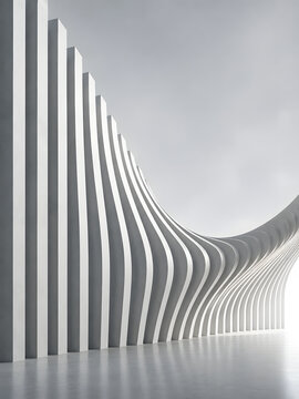 Minimalist parametric architecture illustration, white 3D abstract wave wall with vertical fins, futuristic interior design concept background