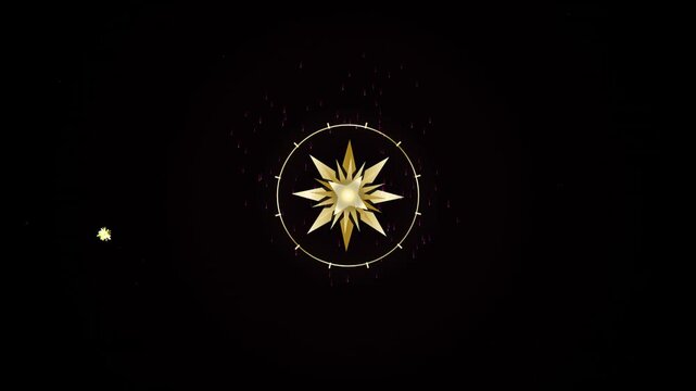  sci-fi 3d background with glow blue particles form lines, surfaces, complex symmetrical structures like star in kaleidoscope. Neon Compass Rose Navigation Symbol On  direction guidance