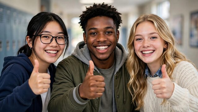 Group of Three High School Students Giving Thumbs Up Gesture