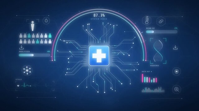 Medical technology interface with health cross on circuit lines and rising analytics gauge