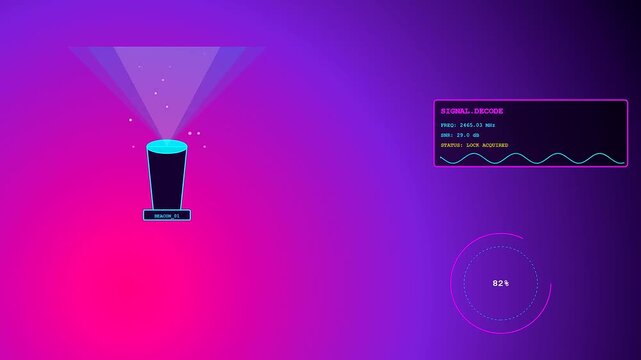 Digital knowledge retrieval displays active signal decoding with glowing holographic beams and circular percentage indicators shown in a sleek interface for data analysis and software monitoring