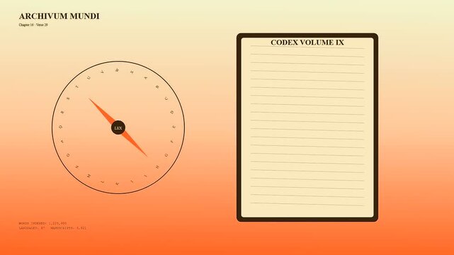 A sequence showing knowledge retrieval through rotating circular compass dials paired with empty parchment pads floating on smooth gradient orange surfaces reflecting a digital archive system