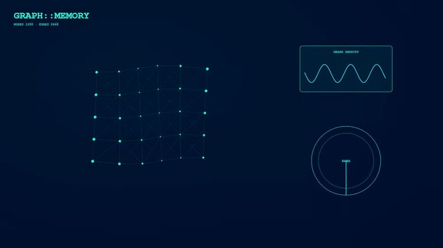 Knowledge retrieval visual representations show shifting digital geometric meshes with pulsing sine wave diagrams and circular scanner meters floating across a deep blue glowing dark digital space