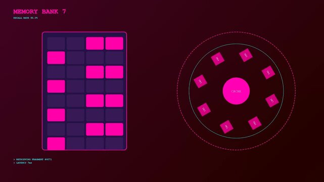 A digital knowledge retrieval process displays flickering pink data blocks and circular processing icons within a dark neon software interface designed for complex information storage systems