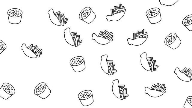 Minimalist fish and chips pattern with sauce bowl line art on white background