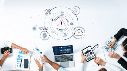 Business Team Collaborating on Data Analysis with Digital Devices, Security Symbols and Warning...