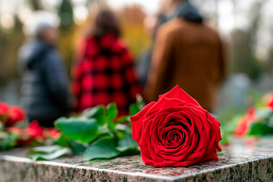 Family Placing Rose on Tombstone During Funeral Burial Ceremony in Cemetery