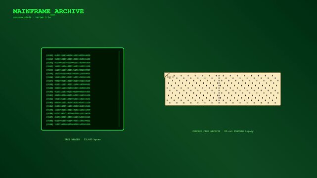Knowledge retrieval processes displayed on a vintage green interface showing binary code scrolls alongside old fashioned punched card hardware systems in this retro digital visual sequence