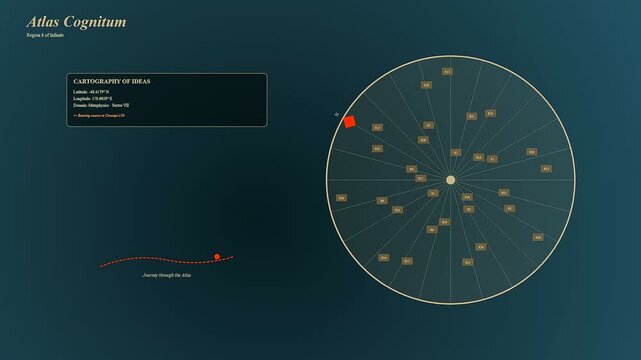 A knowledge retrieval interface displays shifting circular map nodes and red locator icons in a digital space designed for complex data navigation and system analysis exploration