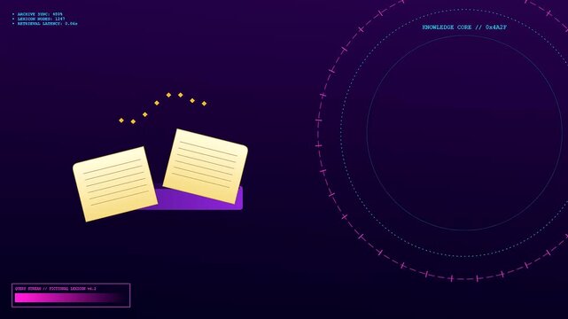 Knowledge retrieval process displayed through animated digital files floating above a vibrant purple platform featuring circular data interface graphics and glowing golden sparkles in motion