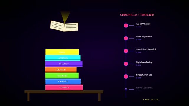 A knowledge retrieval process unfolds as glowing book pages flip automatically atop a stack of colorful volumes beside an illuminated vertical timeline for data visualization