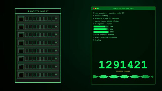 Digital knowledge retrieval processes occur as cascading streams of green data populate a dark monitor showing incremental sequences on a server terminal interface display