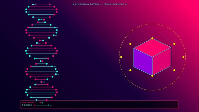 A knowledge retrieval interface showcasing digital double helix strands alongside floating isometric cubes against a gradient pink and deep violet atmosphere for modern scientific data research