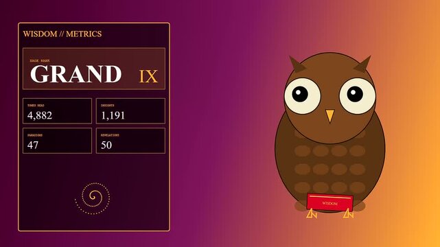 Graphic knowledge retrieval icons featuring a brown owl character with changing numerical data on a vibrant purple and orange gradient screen in a digital sequence