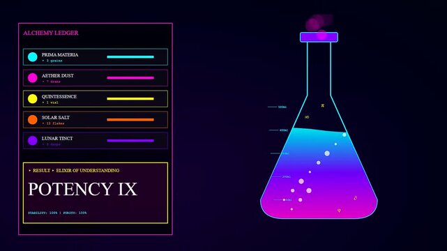 Knowledge retrieval process displayed through a graphical interface featuring glowing laboratory flasks with shifting liquid levels and colorful measurement bars arranged in a dark digital space