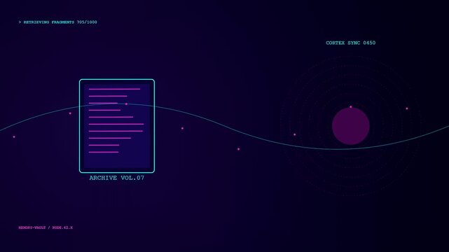 Knowledge retrieval animation showing circular pulsing sync nodes and digital document files flowing across a dark purple screen in a continuous sequence of data processing