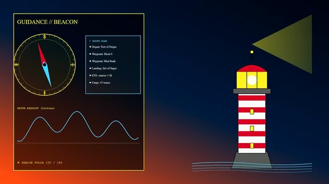 A knowledge retrieval interface displays navigation metrics for a lighthouse beacon while tracking maritime positions through circular compass data and oscillating wave line graphs in motion