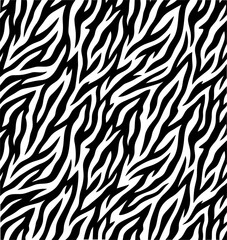Fototapeta premium Zebra print seamless pattern vector. Features black and white animal skin stripes texture. Trendy monochrome textile design for fashion fabric, wallpaper, and apparel decoration.