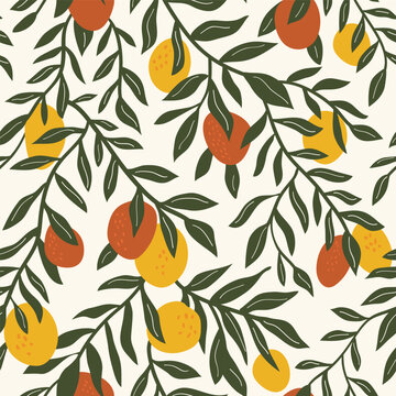 Sicilian Lemons Orange Warm Yellow Vector Seamless Pattern, Mediterranean Citrus Green Leaves Garden Botanical Wallpaper Illustration, Vintage Fruit Foliage Fabric Textile Background Surface Design